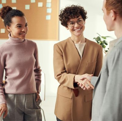 Three business professionals meeting and shaking hands